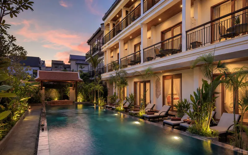 AI-generated editorial dusk view of Angkor Aurora in Siem Reap, Cambodia