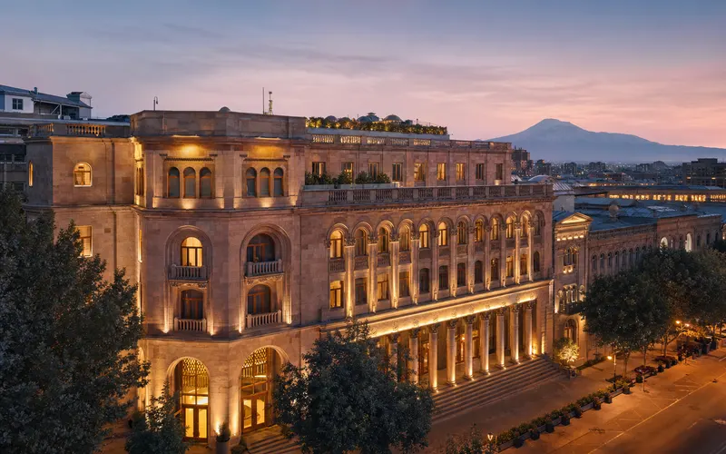 AI-generated editorial dusk view of Grand Hotel Yerevan in Yerevan, Armenia