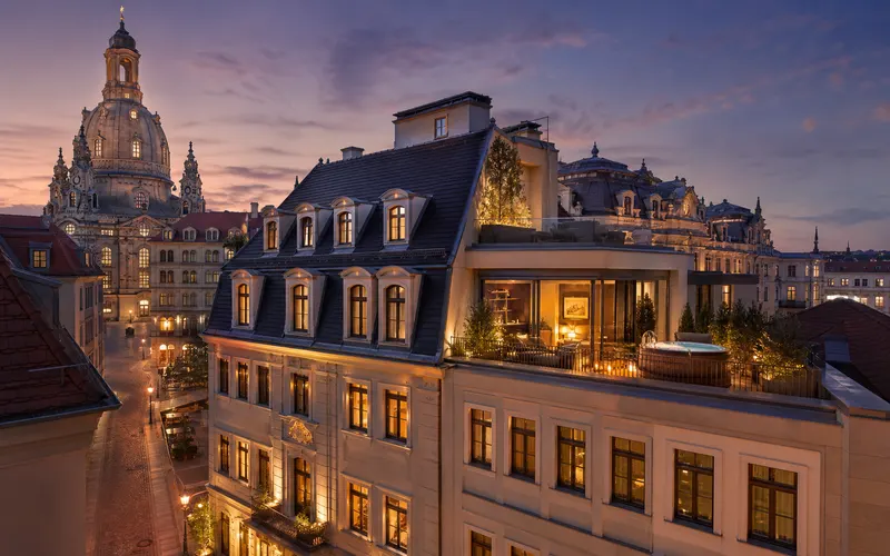 AI-generated editorial dusk view of Hotel Suitess in Dresden, Germany