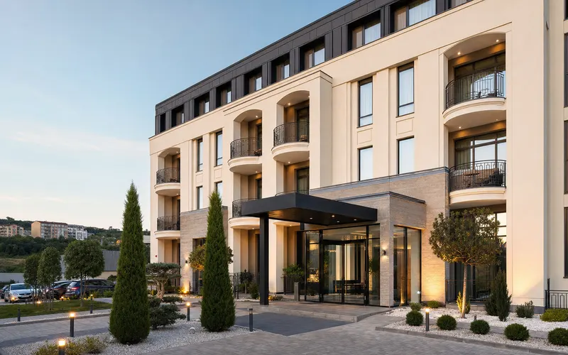 AI-generated realistic daylight view of Pleiada Boutique Hotel & Spa in Iasi, Romania