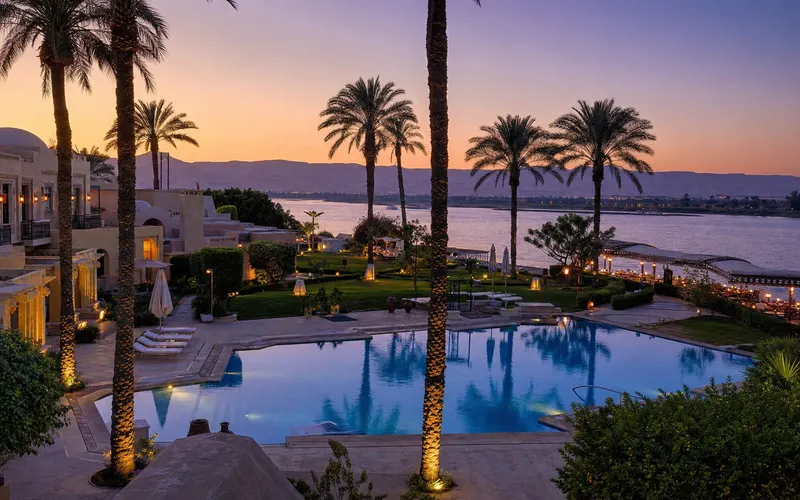 AI-generated editorial dusk view of Steigenberger Resort Achti in Luxor, Egypt